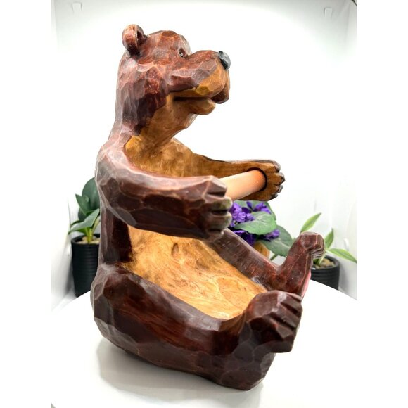Hand-Carved Faux Wooden Bear Toilet Paper Holder Wall Mountable - Picture 5 of 9